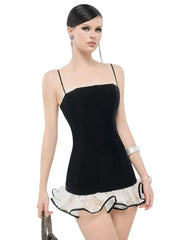 Black Frill Trim Strappy Mini Dress