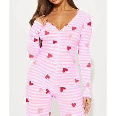 Long Sleeve Striped Heart Print Jumpsuit
