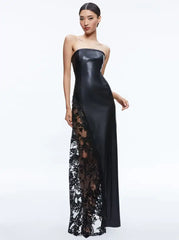 Black Faux Leather Lace Patchwork Tube Maxi Dress