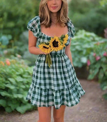 Lace Up Gingham Chiffon A-line Puff Sleeve Plaid Short Dress