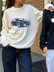 White Sports Car Print Knitted Pullover