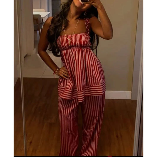 Red Striped Tie Up Strap Babydoll Top and Straight Pants Loungewear Set