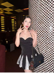 Black Polka Dot Lace Patchwork Ruffle Hem Strappy Mini Dress