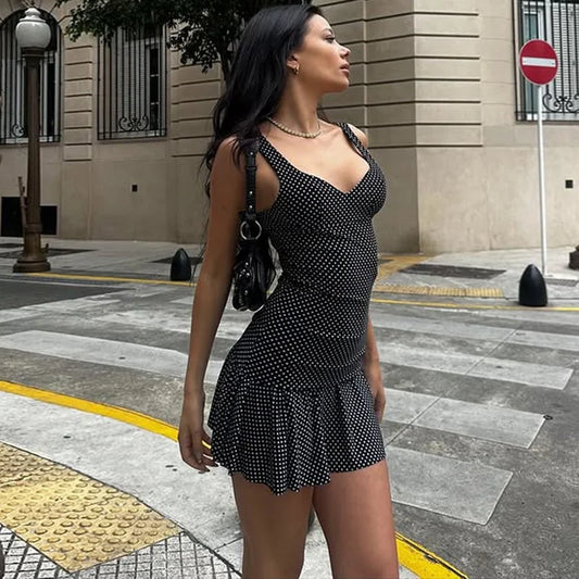 Black Polka Dot Tank Top And Mini Skirt Set