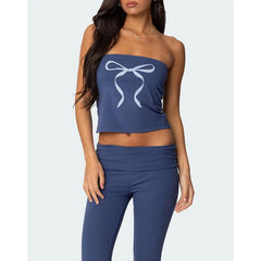 Bowknot Print Tube Top And Foldable Waist Flare Pants Set