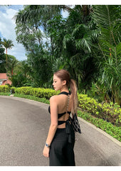 Black Halter Beaded Back Tie Up Top