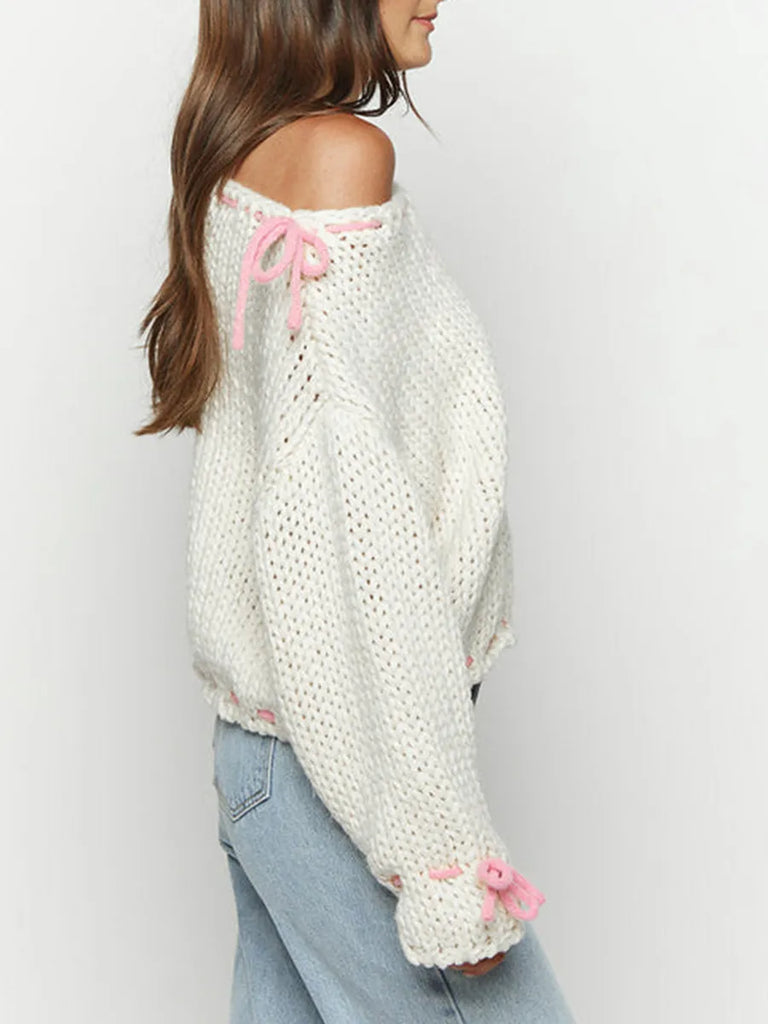 White Knit Off-shoulder Pink Lace Up Sweater