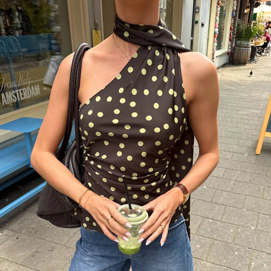 Brown  Polka Dot Scarf Halter Neck Top