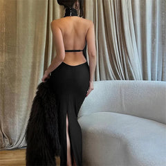Halter Hollow Out Backless Satin Maxi Dress