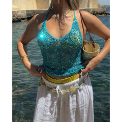 Blue Sequin Knitwear Crop Top