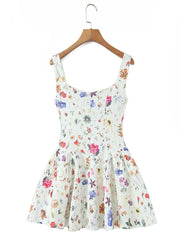 White Floral Print Square Collar Sleeveless Flare Mini Dress