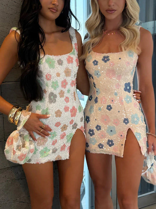 Sequins Flower Print Strap Mini Dress