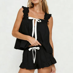 Bow Ruffle Trim Square Neck Shirt And Shorts Pajama Set