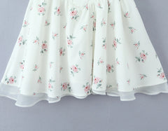 White Floral Print Tie Up Tulle Hem Mini Dress