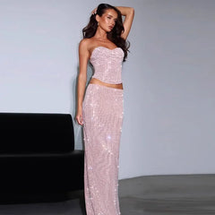 Pink Sequin Tube Top And Maxi Skirt Set