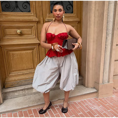 Red Ruffle Hem Cami Peplum Crop Top