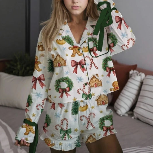 Christmas Long Sleeve Cartoon Print Shirt And Shorts Set