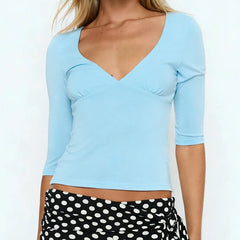 V-neck 3/4 Elbow Sleeve Fitted Wrap T-shirt