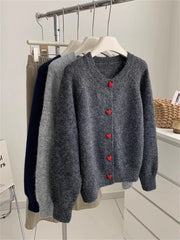 Deep Grey Wool Knitted Heart Buttoned Cardigan
