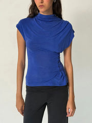 Solid Waist-Cinching Button Mock Neck Top