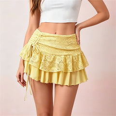 Floral Lace Ruffle Side Drawstring Mini Skirt