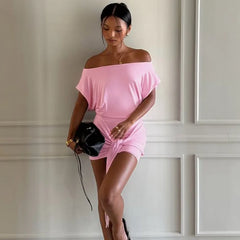 Pink Short Sleeve Waist Tie Mini Dress