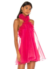 Pink Mesh Ruffles Halter Neck Mini Dress