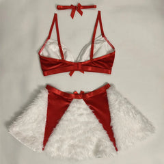 Red Fur Bra And Mini Skirt With Choker Bow Set
