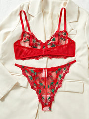 Red Cherry Embroidery Sheer Lingerie Set