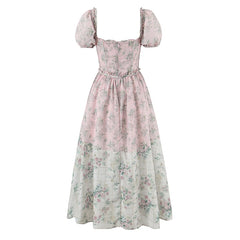 Two Tone Floral Print Puff Sleeve Midi Dress