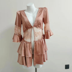 Long Sleeve Lace Mesh Tie Up Top Loungewear