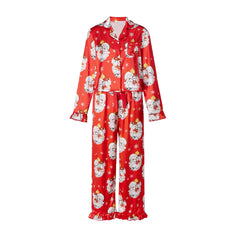 Satin Christmas Ruffle Trim Long Sleeve Shirt And Pants Pajama Set
