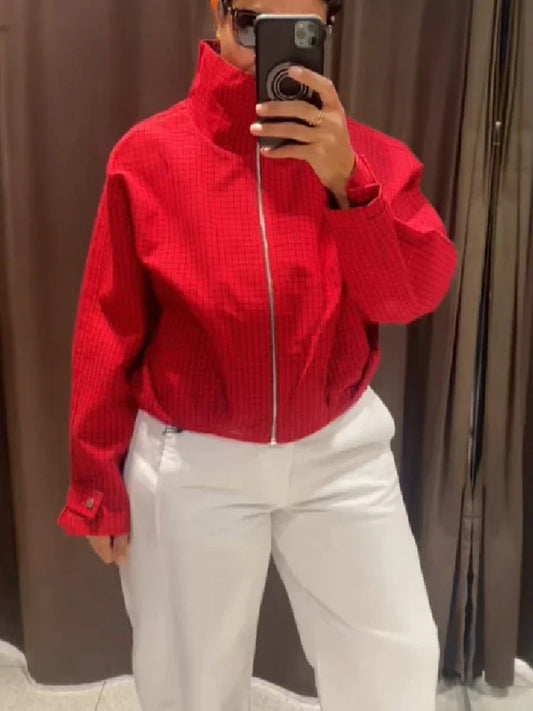 Red Zipper-up Plaid Stand Collar Jacket