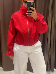 Red Zipper-up Plaid Stand Collar Jacket