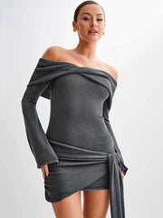 Off-shoulder Knit Mini  Long Sleeve Draped Dress