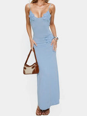 Blue Knit Spaghetti Strap Crochet Flower Maxi Dress