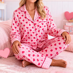Pink Heart Dot Print Long Sleeve Turn Down Collar Top and Elastic Waist Pants Set