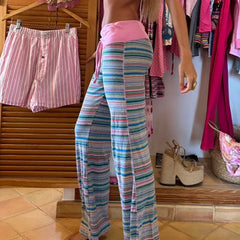 Colourful Stripe Print Elastic Drawstring Pants
