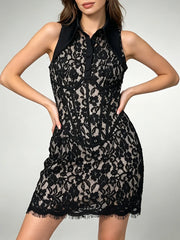 Lace Sleeveless Button Up Mini Dress