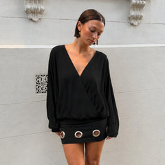 Black Deep V-neck Rivet Cut Out Mini Dress