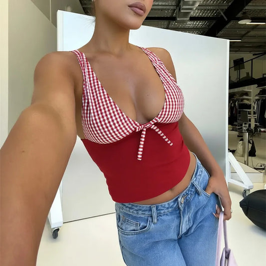 Gingham Patchwork Deep V-Neck Front Tie Sleeveless Crop Top