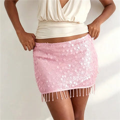 Sequin Beaded Tassel Hem Mini Skirt