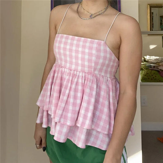 Pink Gingham Layer Hem Peplum Babydoll Top