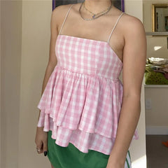 Pink Gingham Layer Hem Peplum Babydoll Top