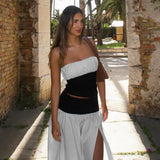 Black and White Patchwork Tube Top Slit Long Skirt Co-ord Set