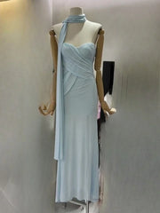 Blue Strapless Sheer Scraf Maxi Dress