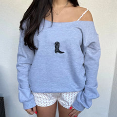 Embroidery Off Shoulder Long Sleeve Pullover