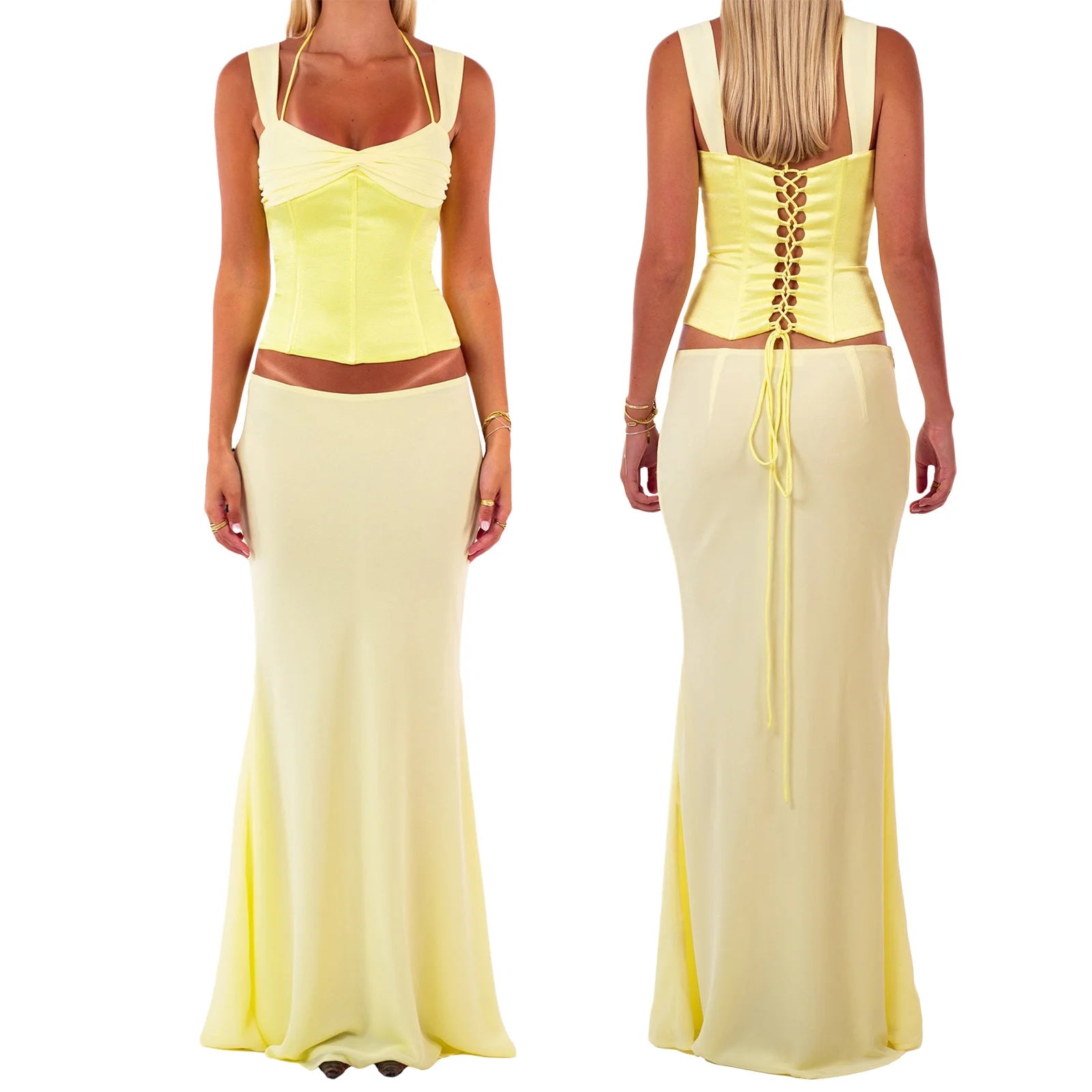 Women's floral lace-up corset crop top and matching mermaid long skirt set.


