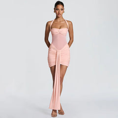 Halter Ruched Mesh Wrap Up Bodycon Mini Dress
