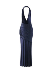 Blue Cowl Neck Diamonds Ruched Long Dress